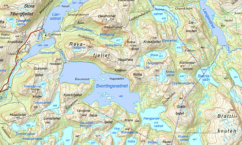 Dagens kart over same området, med Dalavatnet, Liarvatnet og Svortingsvatnet regulert