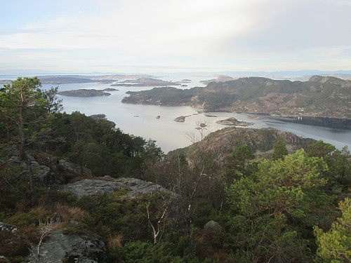 Frå Knuten mot Årdalsfjorden med bl.a. Døvikhammaren nærast og Helgøy lenger ute