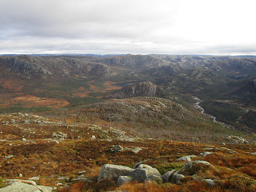 Nedanfor Terneheia med utsikt mot Tysdalsheia og Grimsli. Høgda på 567moh, Solknuten og Forenesvatnet er sentralt i bildet, Krunefjell til venstre