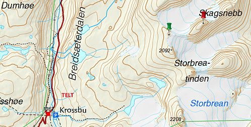 Kart med teltplassen ovenfor Krossbu markert