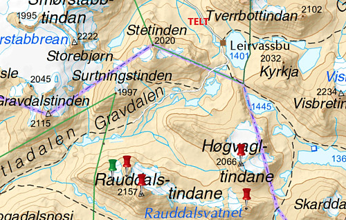 Kart med teltplassen øverst i Leirdalen markert