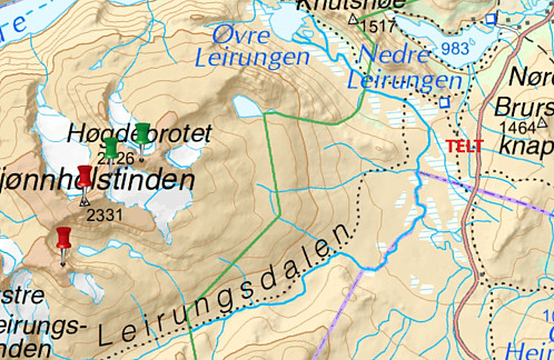 Kart med teltplassen ved Leirungsmyrene markert