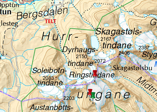 Kart med teltplassen ytterst i Ringsdalen markert