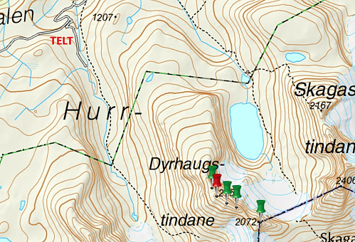 Kart med teltplassen ytterst i Ringsdalen markert