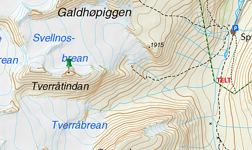 Kart med teltplassen i Visdalen markert