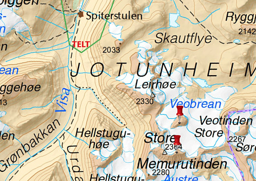Kart med teltplassen i Visdalen markert