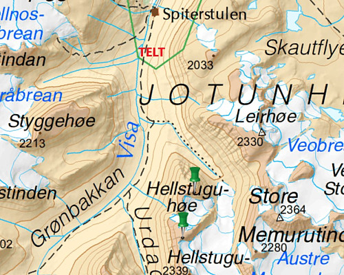 Kart med teltplassen i Visdalen markert