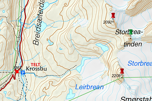 Kart med teltplassen ovenfor Krossbu markert