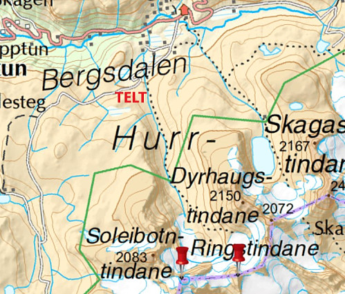 Kart med teltplassen ytterst i Ringsdalen markert