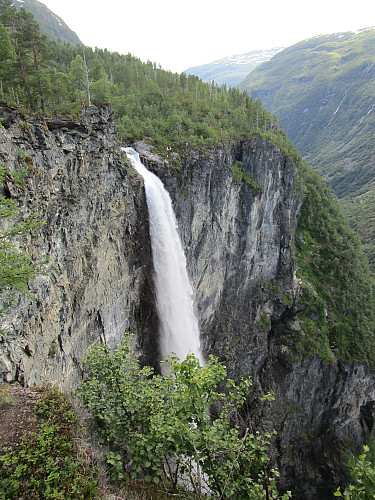 Obligatoriske Vettisfossen, ifølge sogneprest Bøyesen «Det aldeles perpendiculaire Vandfald der icke med en Draabe berører Fjeldveggen»  