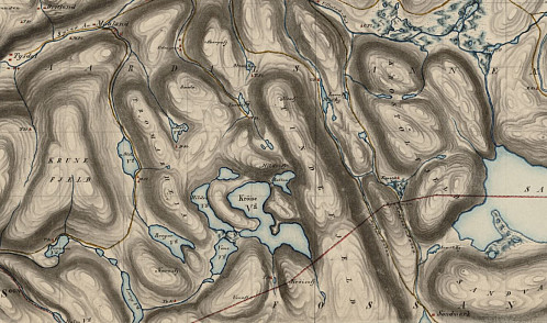 Historisk kart over Krøys frå 1856. Legg merke til at Krokavatnet då er kalla "Kröisevand". Dessutan er Målandsvatnet og Gamlestølstjødna kalla hhv. "Nedre- og Övre Stölsvand". Det framgår vidare at "Söndmark" var bebudd som gard (ikkje støl), noko som stemmer med at garden vart fråflytta i 1860-åra