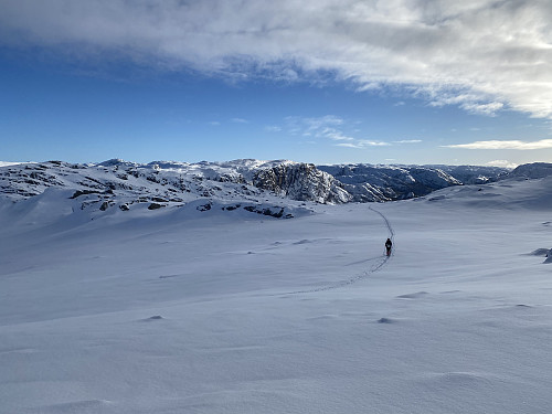 Flott skiføre vestover Krunefjell. Her med tilbakeblikk mot Bergeheia