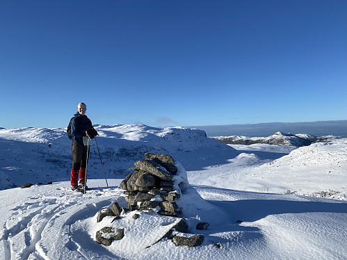På vardepunktet nord på Bergeheia med utsikt mot Krunefjell og Grautabotn. På andre sida av Tysdalsvatnet dominerer Lauvåsen