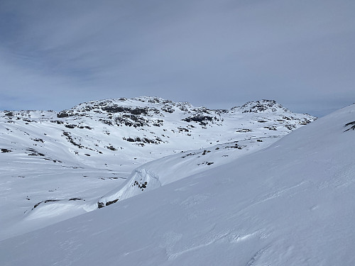 I oppstigninga mot Steinkilenuten med tilbakeblikk på Kaldafjellet. Fylkesgrensa går over sekundærtoppen til høgre
