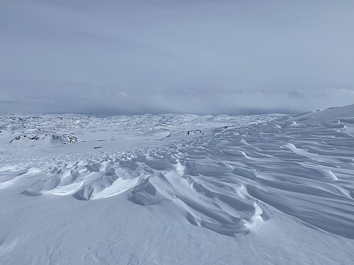 Karakteristisk vindmønster i snøen på Steinkilenuten, kalla «båreskjelta» i Ryfylke