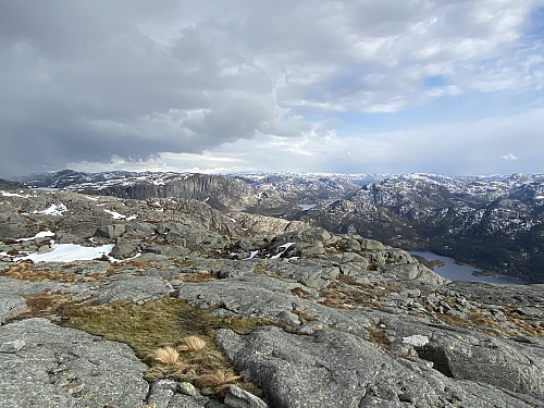 Frå Krunefjell mot bl.a. Forenes- og Longavatnet med Vardhusheia. Heilt til venstre sjåast det isdekte Brogavatnet