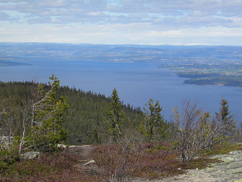Utsikt nordover med Mjøsa, Hedemarksbygder og snødekte fjell i horisonten.