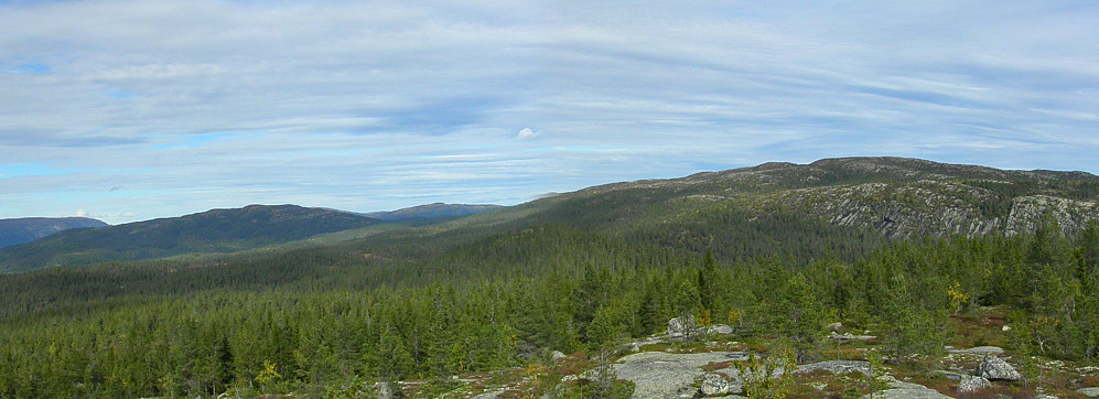 Utsikt mot nord fra Hestebrenna. Fra venstre: Storrustefjell, Urdevassfjell, Svarttjernskollen og Høgfjell