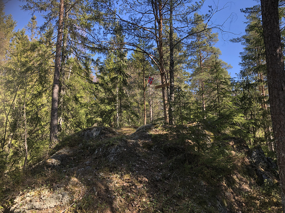 Vestbys nye kommunetopp er en markert haug inne i skogen, med skilt og norsk flagg på toppen