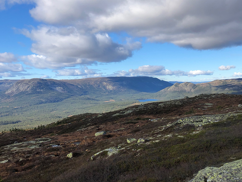 Fra Urdevassfjellet Vest er det fin utsikt mot Bukollen, Storrustefjell, Vidalen, Sandvatnet og Sandvasskollen