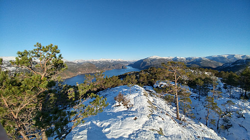 Fra nordvesttoppen mot Mofjorden. MS "Ospenes" på vei!