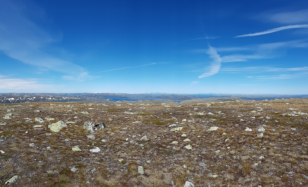 Panorama vest-nord: Hardangerjøkulen til venstre for midten, Hallingskarvet sentralt. Hårteigen kan skimtes til venstre