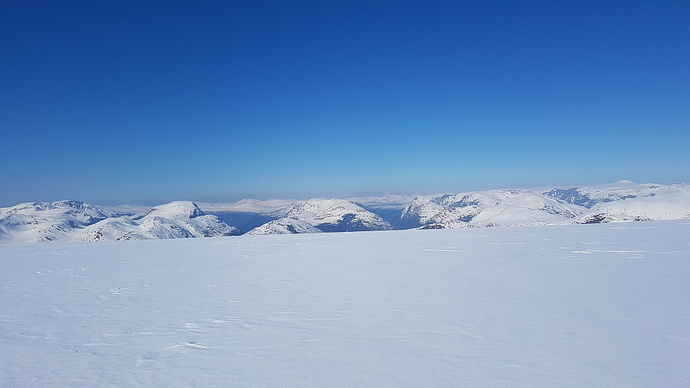 Pf-kjemper på rekke og rad; fra høyre den karakteristiske toppkalotten på Snønipa, Storefonn, Daurmål(nr 22 pf i Norge), Skjorta, Botnafjell(Nr 9 pf i Norge) og Gjegnen(nr 5 pf i Norge; utenfor bildet)