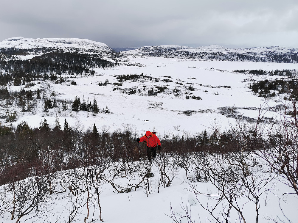 Første del av nordvestryggen mot Storheia; bratt med halvdyp snø.