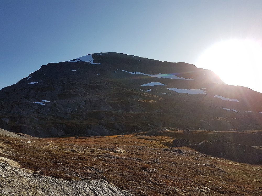"Hyllesystemet" synes tydelig fra Roasmejavrrit. Snøfeltet som holdt på å felle meg mot horisonten til venstre for toppen.
