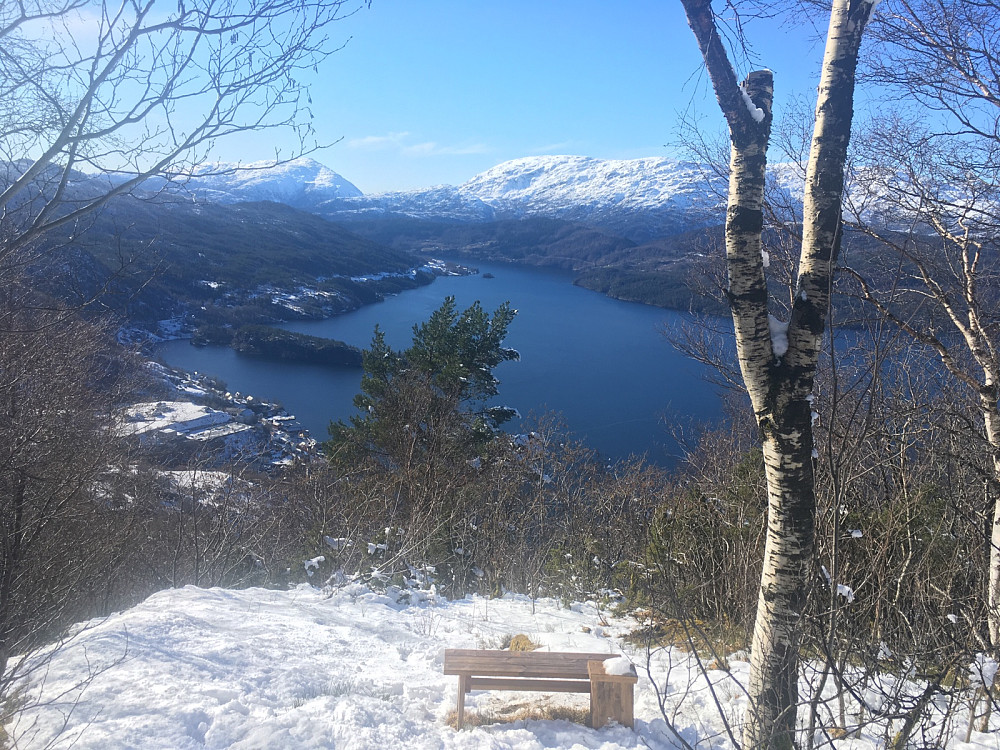 Utsiktsplassen på Hagåsen, utsikt mot snökledte Svinningen, Sauafjellet og Gullfjellsmassivet