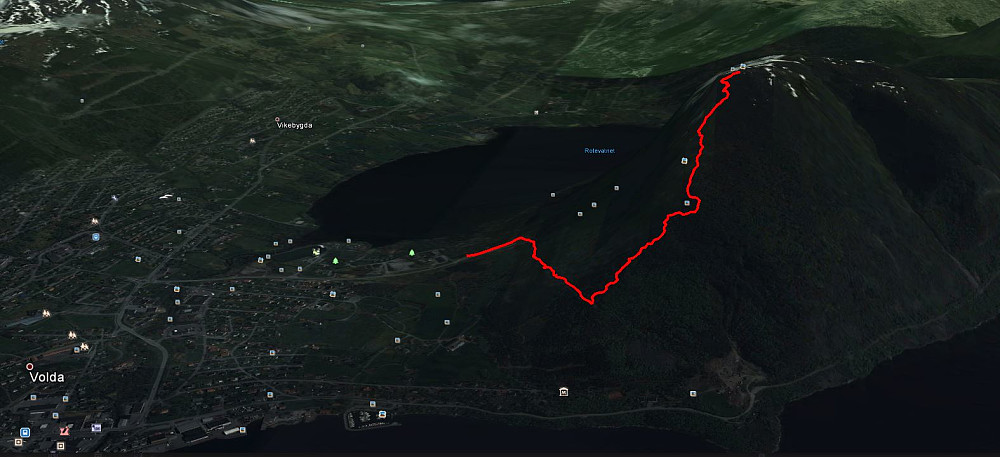 Ruta opp sett via Google Earth