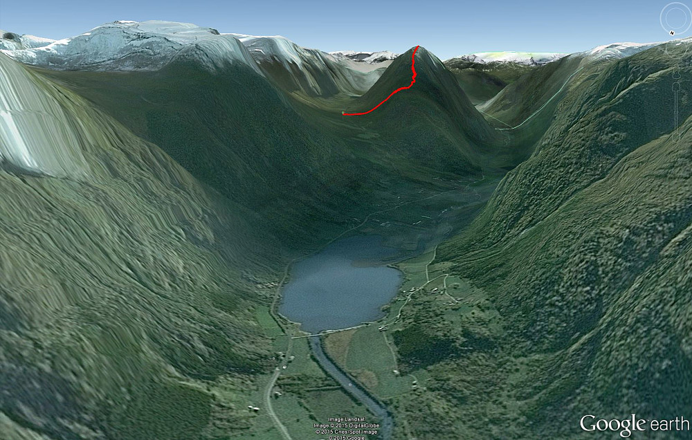 GPS-sporet i Google Earth helt til slutt. Her ser man tydelig øvredalen og hvordan man bestiger fjellet via den korteste og mest populære ruta som ble benyttet denne gangen. 