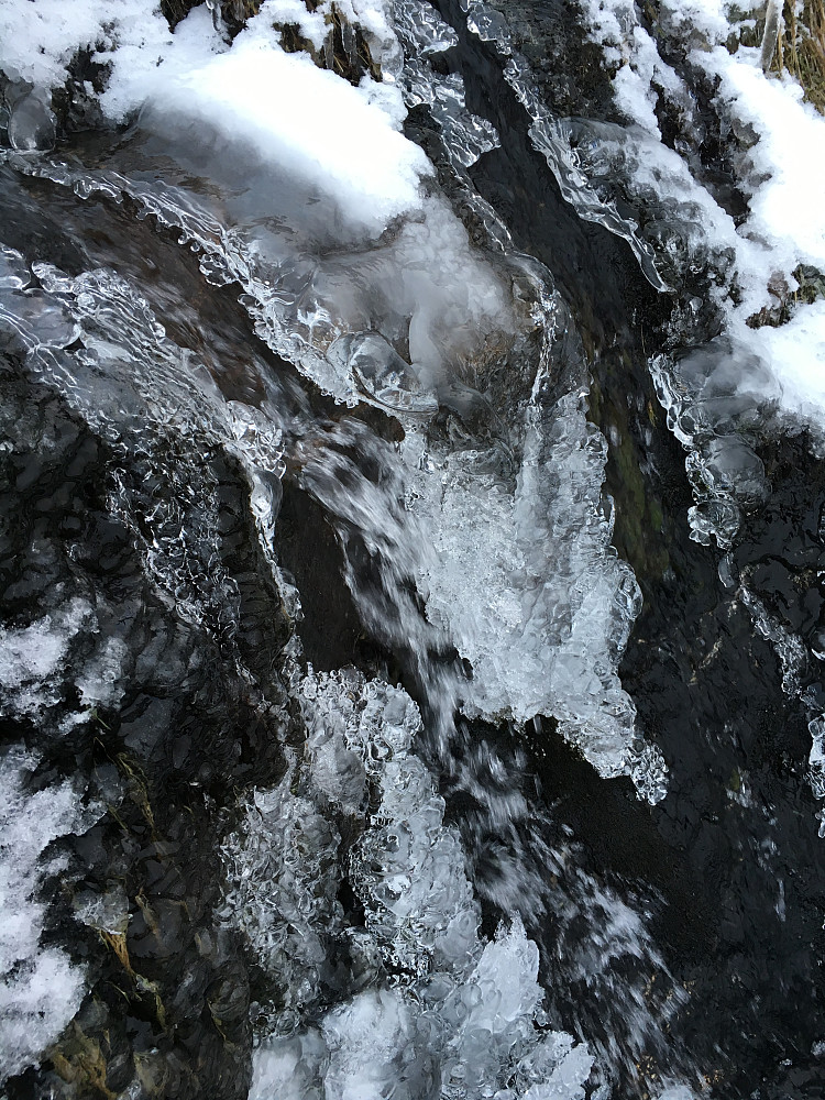 Jeg nevnte at jeg var tom for drikke, og tørsten var etter hvert påtrengende. Det meste av vann var frosset igjen, men et stykke nede i lia så fant jeg et aldri så lite sted der vannet fosset ut. Det beste vannet jeg har smakt på all den tid. Nydelig godt var det!
