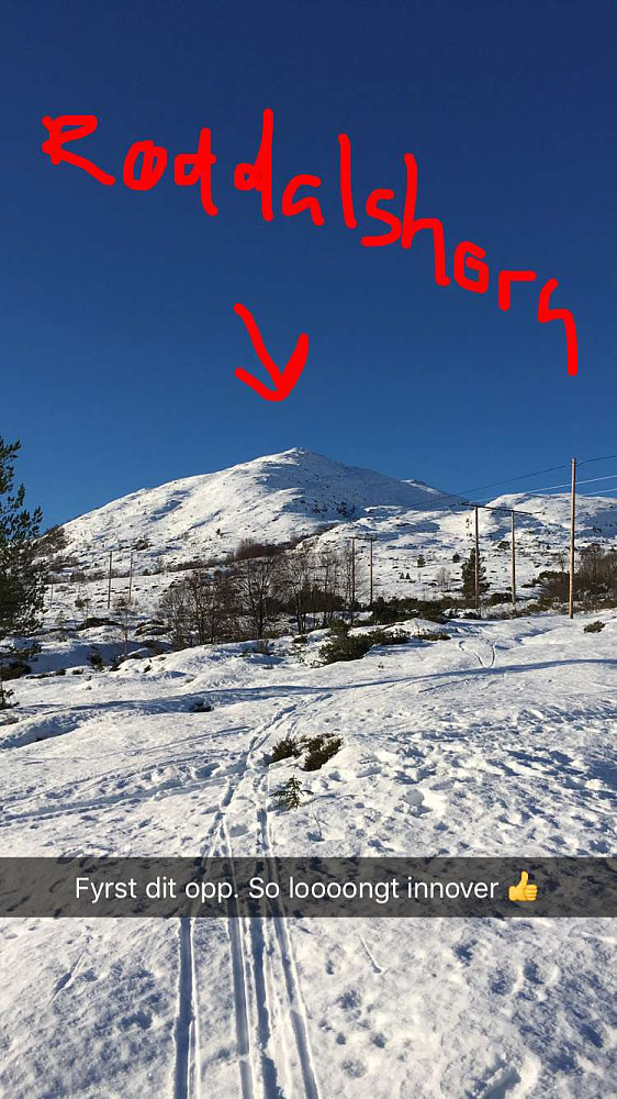Oppstart ved Leikongsætra. Som man ser kom dette til å bli en rett så fin dag. Jeg burde såklart ikke parkert der, men lenger fremme der stien opp til Røddalhornet faktisk starter. Da hadde jeg sluppet å krysse elva. Menmen. Ikke dagen for å la seg irritere over noe, og det var et mikroskopisk problem i den store sammenheng