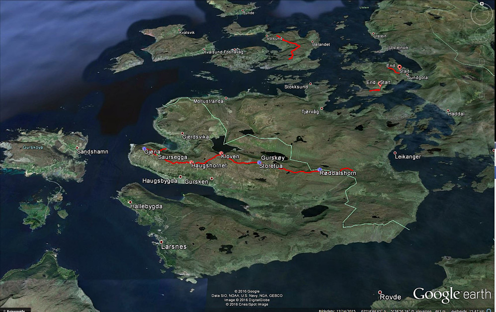Ruta fra Leikongsætra til Gjøna i Google Earth, inkl toppene. 
