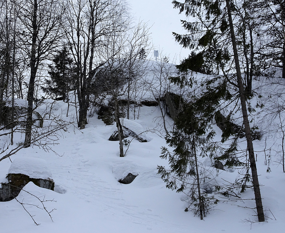 Den siste kneika opp til Skåneveten er grov steinur som normalt krever litt bruk av hender og føtter.  Første året jeg har gått opp siste kneika på ski. Vanligvis tas skiene av før klyvinga.