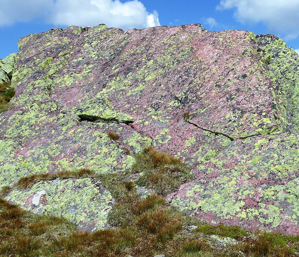 Spesielt rødlilla berg på Vindeggen, som på Brattefjell og andre steder i området.