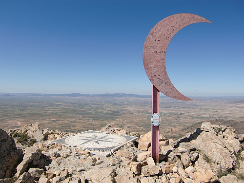 Her tror mange at de er på Tunisias høyeste fjell. Skiltet viser 1544 moh, men det er minst 20 høydemeter feil. Jeg målte 1522 meter her.