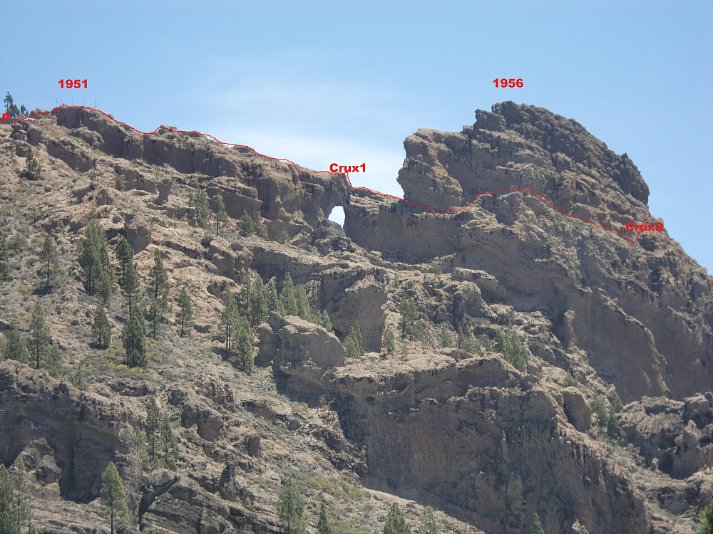Ruten sett fra vest, fra øverste P-plass via 1951-toppen til sydspissen av klippen