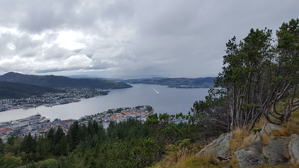 Fra Fløyvarden mot vest. Lyderhorn helt til venstre. Askøy til høyre.