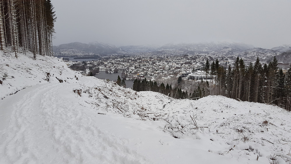 På vei opp til Stendafjellet. Løvstakken bak til venstre og Ulriken litt til høyre for midten.