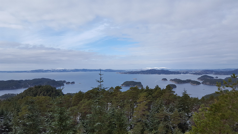 Fra sørtoppen på Hjortåsen mot nordvest. Førdesveten til venstre. Korsneset med Veten i Fana til høyre, med Liatårnet på Sotra bakenfor.