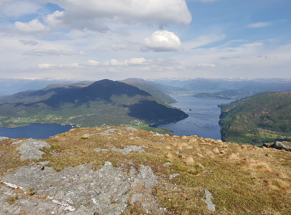 Fra Kjellasviknuten mot øst-nordøst. Etnefjorden til høyre, med Etne innerst i fjorden. Folgefonna bakerst til venstre.