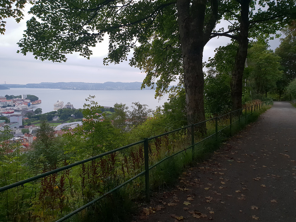 Fra Fjellveien. Bergenhus festning nedenfor. Askøy i bakgrunnen.