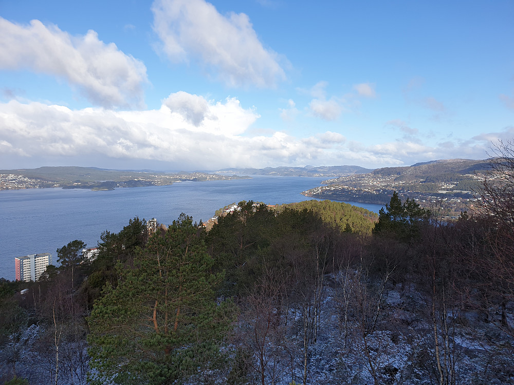 Fra Ørneberget NV utover Byfjorden. Holsnøy bakerst i midten.