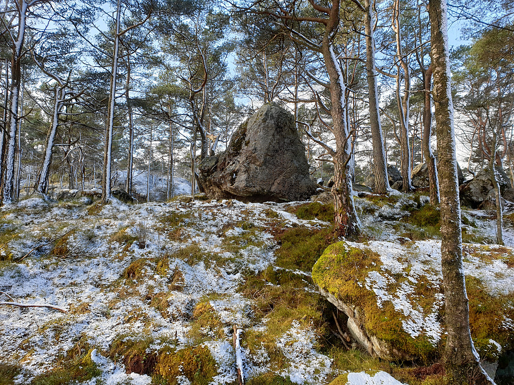 Rett sør for Hellegrind ligger det en stein som er fin å klatre på. Det viste seg at det er en bolt på toppen av steinen.