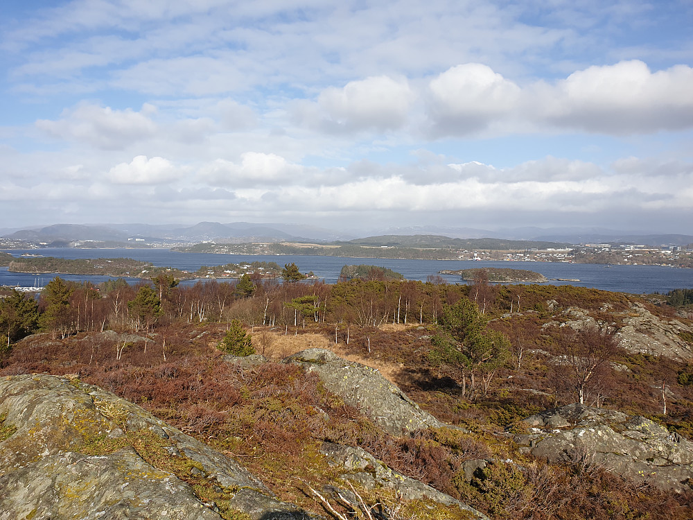 Fra Varden mot øst. Flesland i midten. Løvstakken til venstre for midten.
