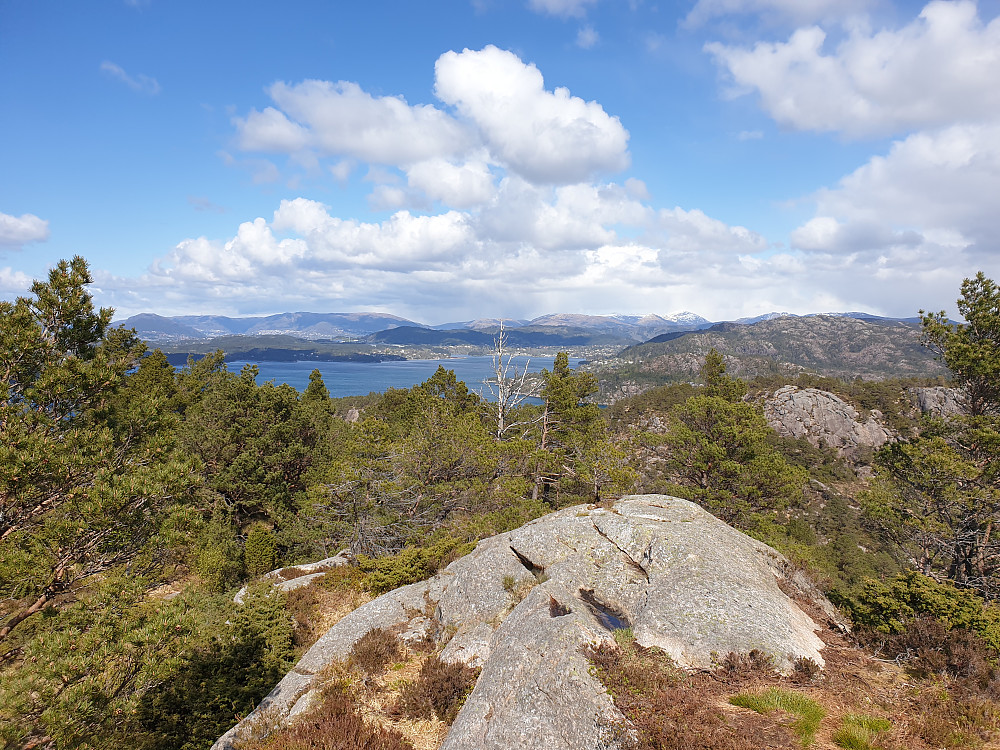 Fra Veten i Fana. Tårnene på Rundemanen og Ulriken skimtes bak til venstre. Søre Gullfjelltoppen bak til høyre (med snø).