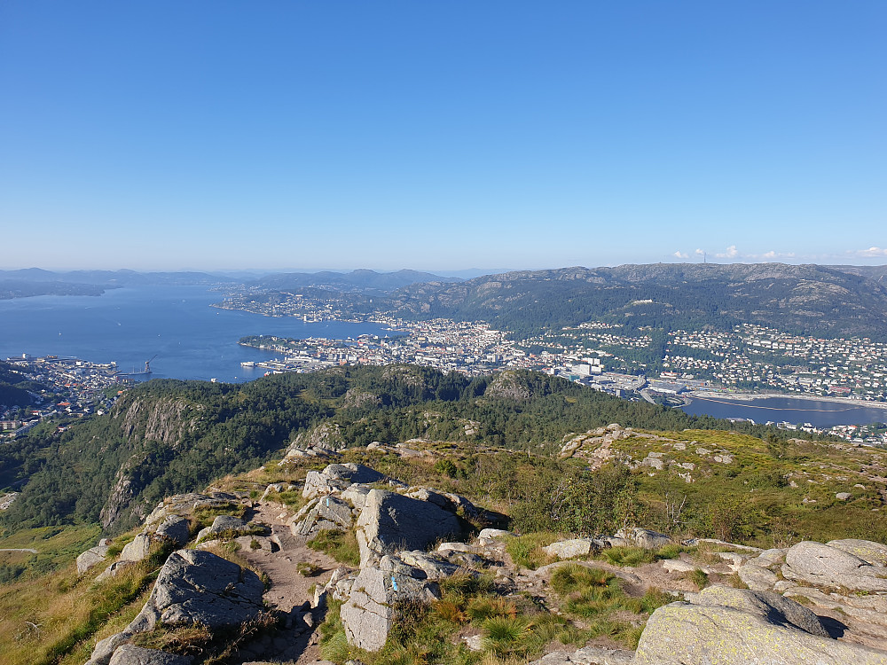Fra Løvstakken mot Bergen sentrum. Byfjorden til venstre.