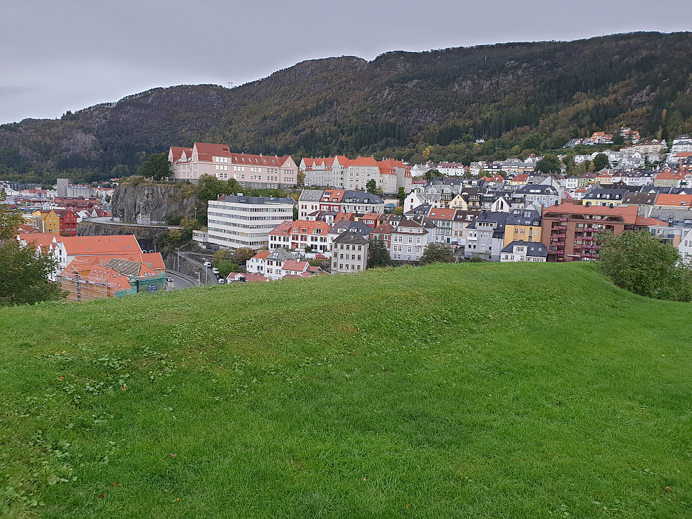 Fra Sverresborg. Toppen av Stoltzekleiven ligger i skaret i midten av bildet. Sandvikspilen skimtes helt øverst, til venstre for skaret.